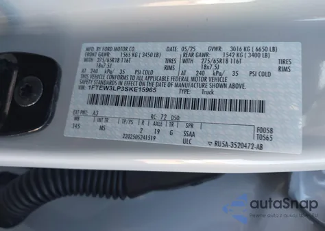 2025 Ford F-150 Xlt из США, поврежденный, VIN 1FTEW3LP3SKE15965